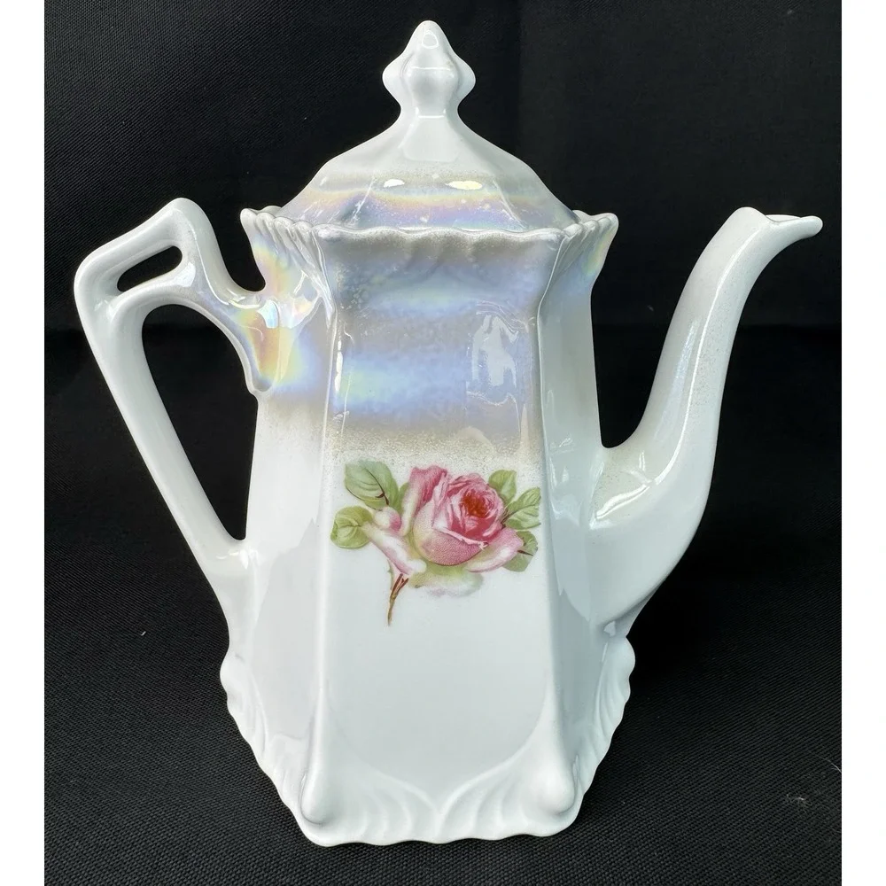 Antique German Blue Floral Glazed Porcelain Teapot Hexagonal Base 7